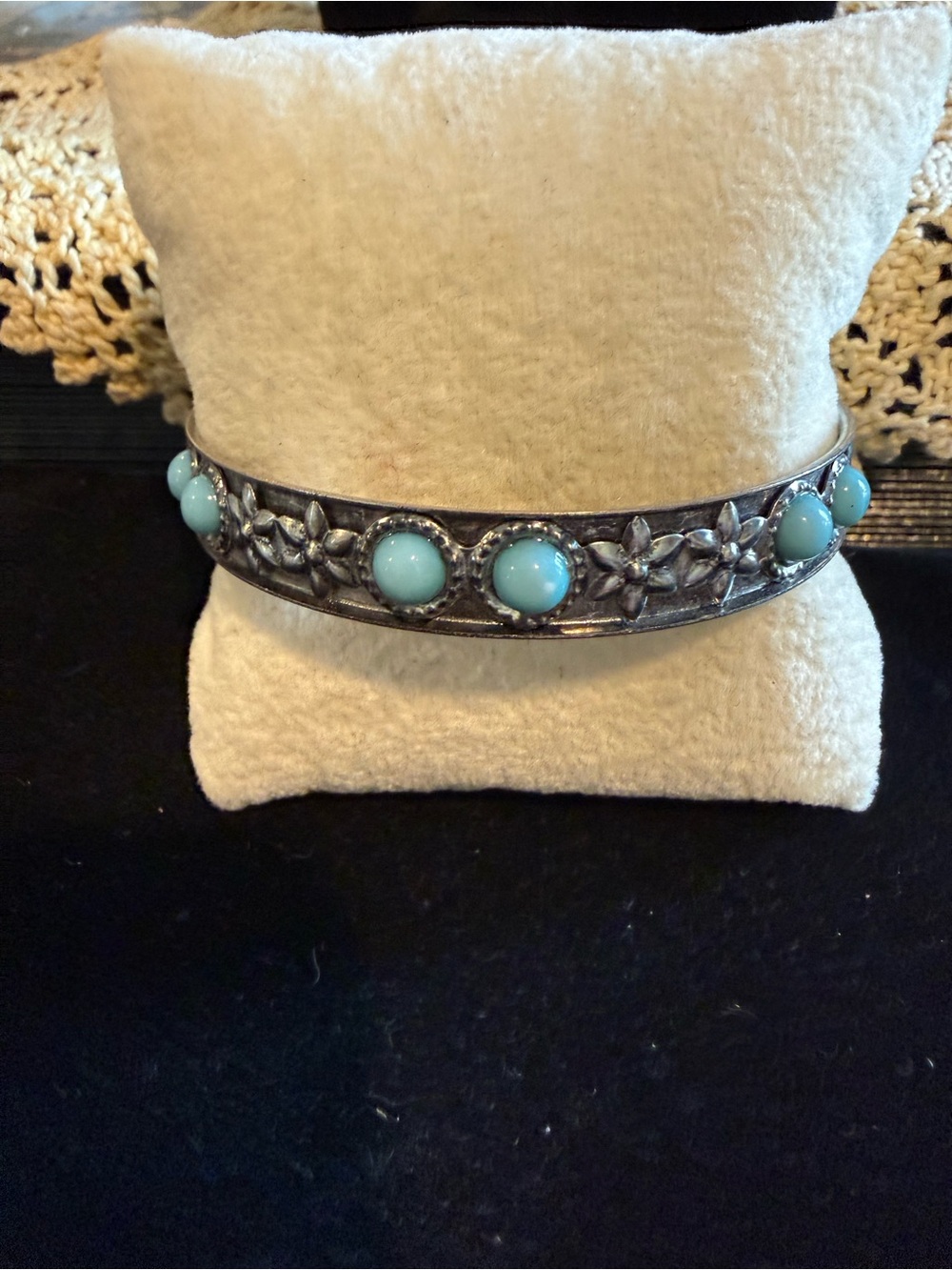 Silver loom Floral Cuff Bracelet with Turquoise acrylic stone